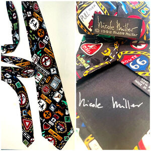 Route 66 Themed - Nicole Miller SIGNED Artist Neck Tie 100% Silk Roadtrip Signs